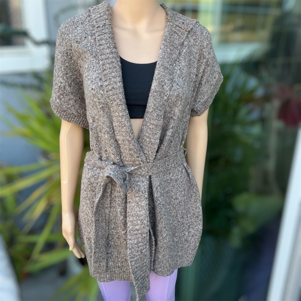 Michael Kors Open BeltedCardigan Brown Knit Short Sleeve Sweater Cardigan Size L